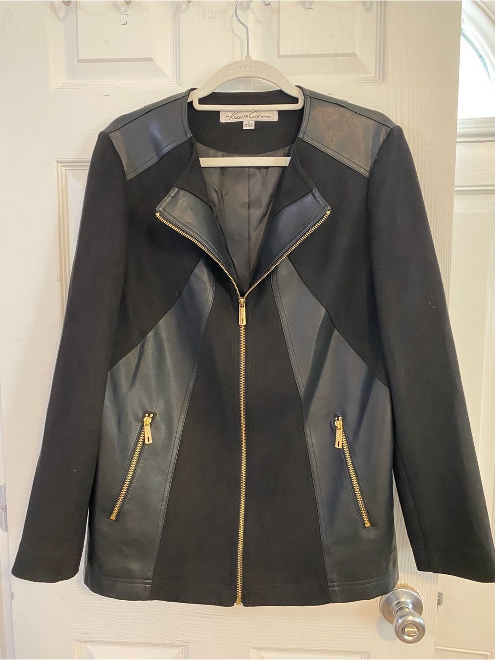 Kenneth Cole New York Black Mixed-Media Moto Jacket with Gold Hardware